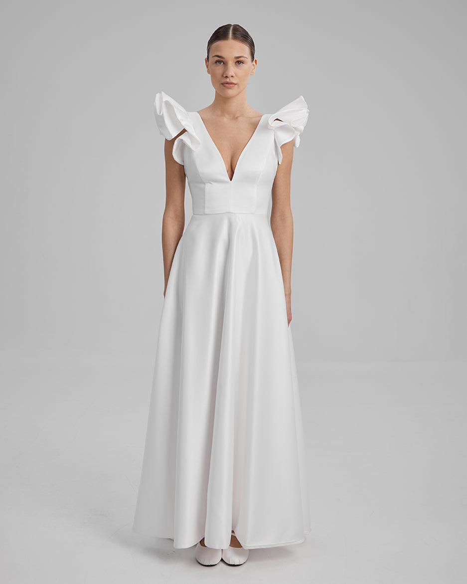LOLA DRESS + FRILL | V neck maxi in white BA LOLA DRESS + FRILL | V neck maxi in white BA