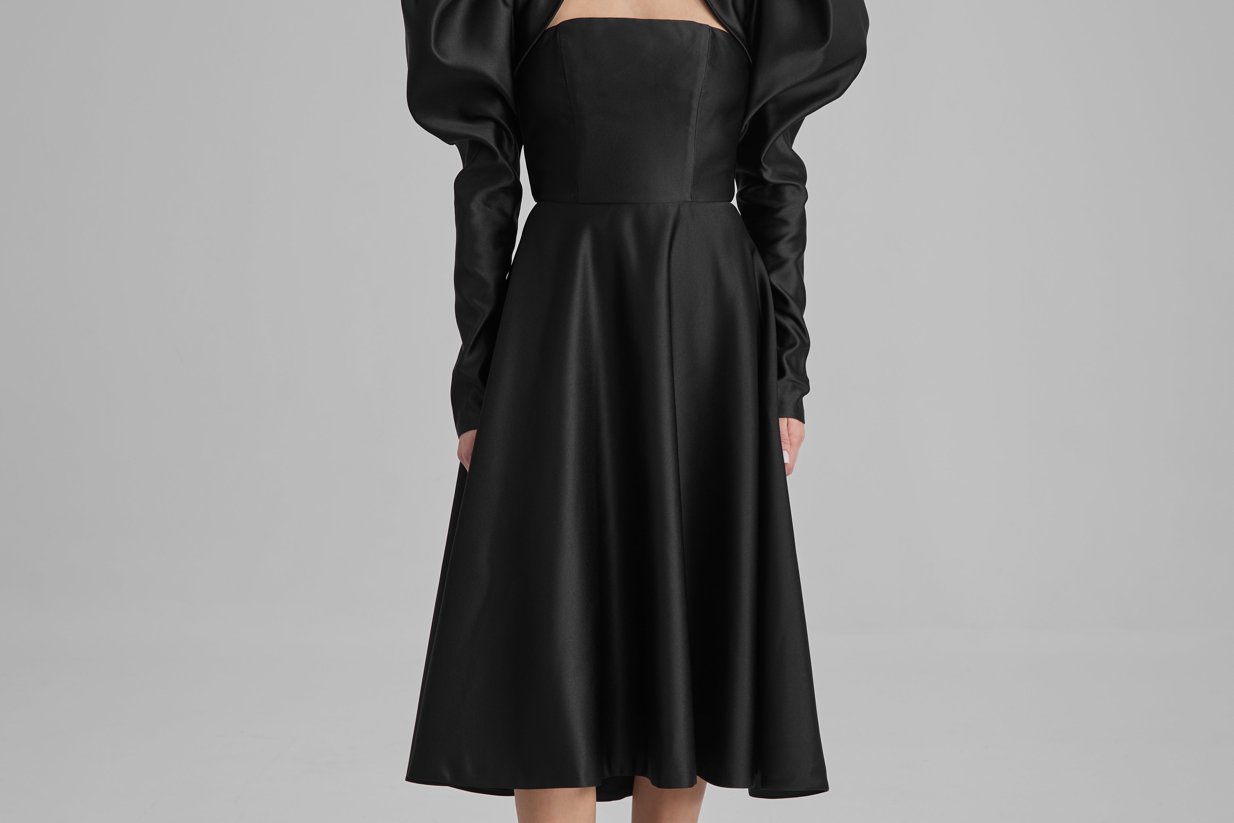 MIA DRESS + PUFFED SLEEVE BOLERO | strapless A line midi in black BA MIA DRESS + PUFFED SLEEVE BOLERO | strapless A line midi in black BA