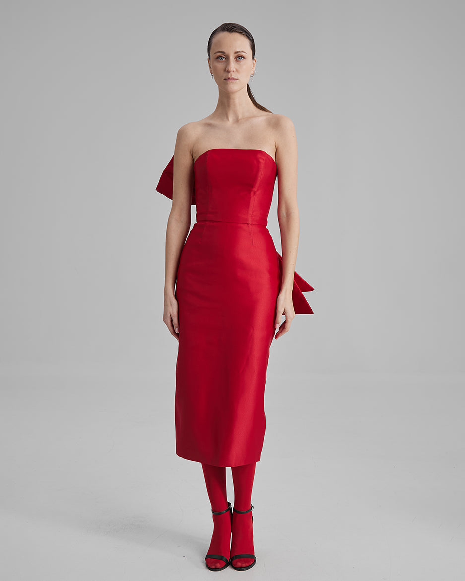 KIRA DRESS | strapless pencil midi in red BA KIRA DRESS | strapless pencil midi in red BA