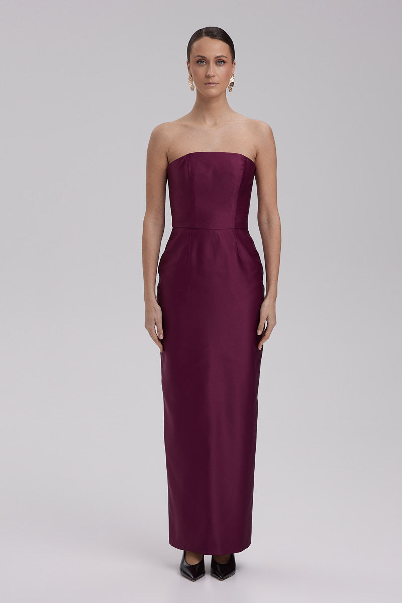 GIGI DRESS + KIMONO BOW | strapless cone maxi in deep burgundy BA GIGI DRESS + KIMONO BOW | strapless cone maxi in deep burgundy BA