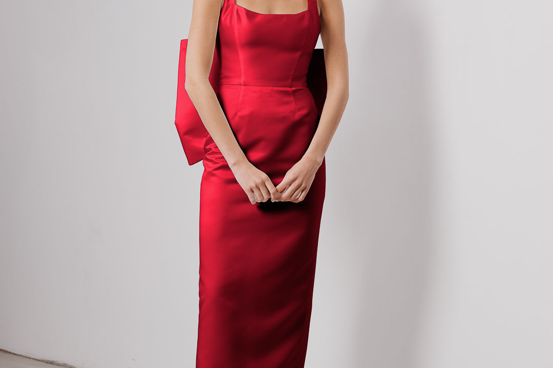 IDA DRESS + BIG BOW | square neckline cone maxi in red