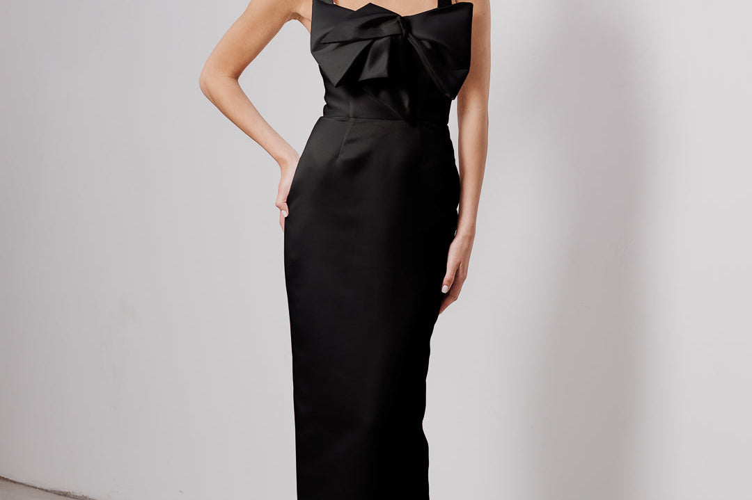 IDA DRESS + SMALL BOW | square neckline cone maxi in black