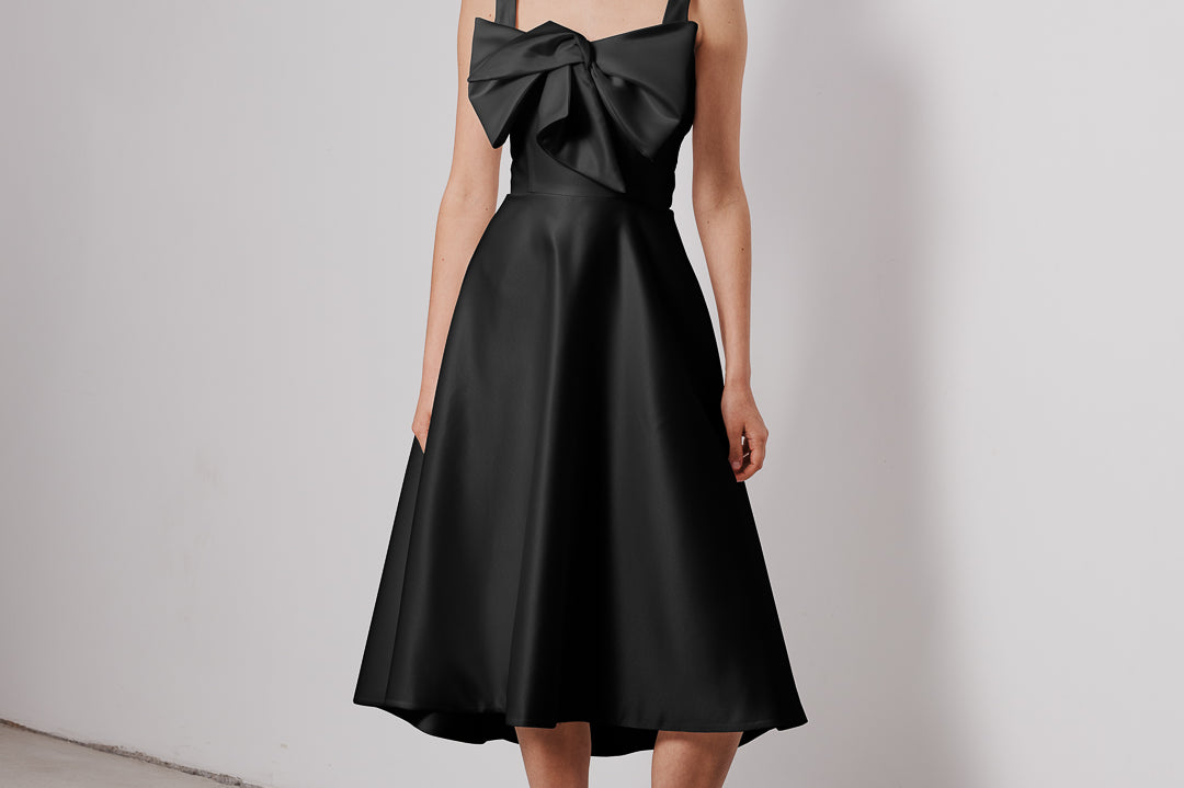 RUBY DRESS + SMALL BOW | square neckline A line midi in black