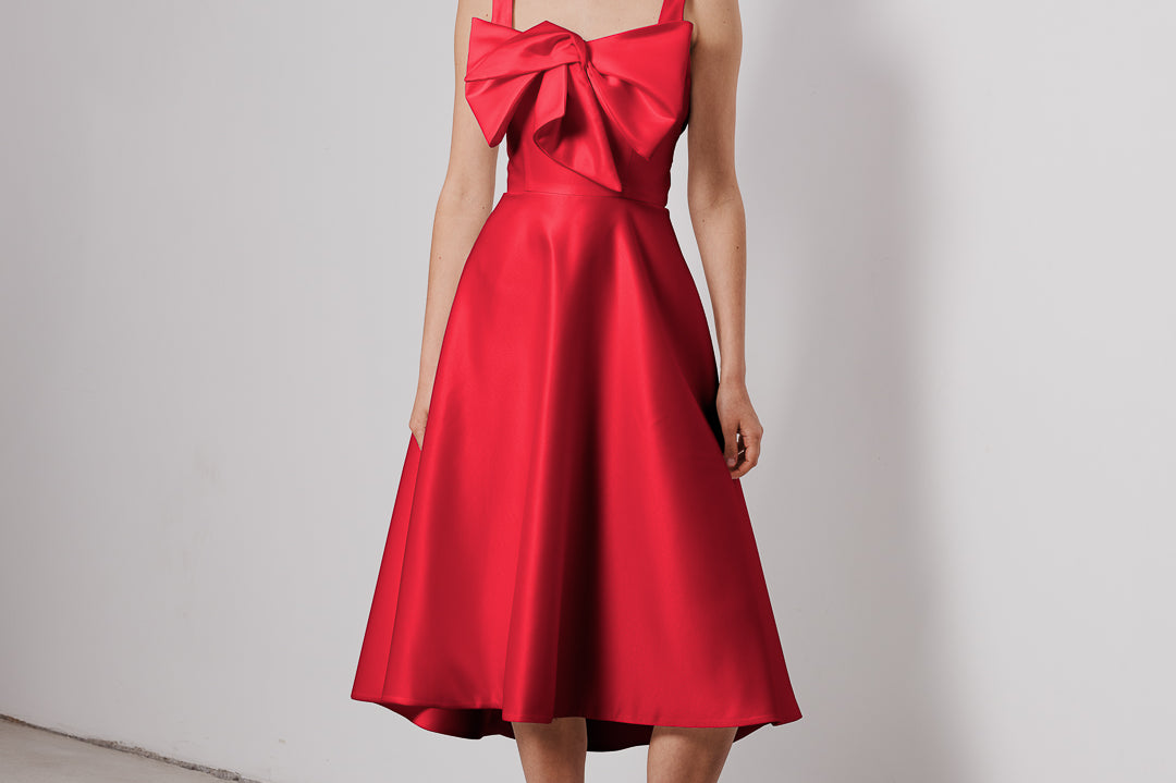 RUBY DRESS + SMALL BOW | square neckline A line midi in red