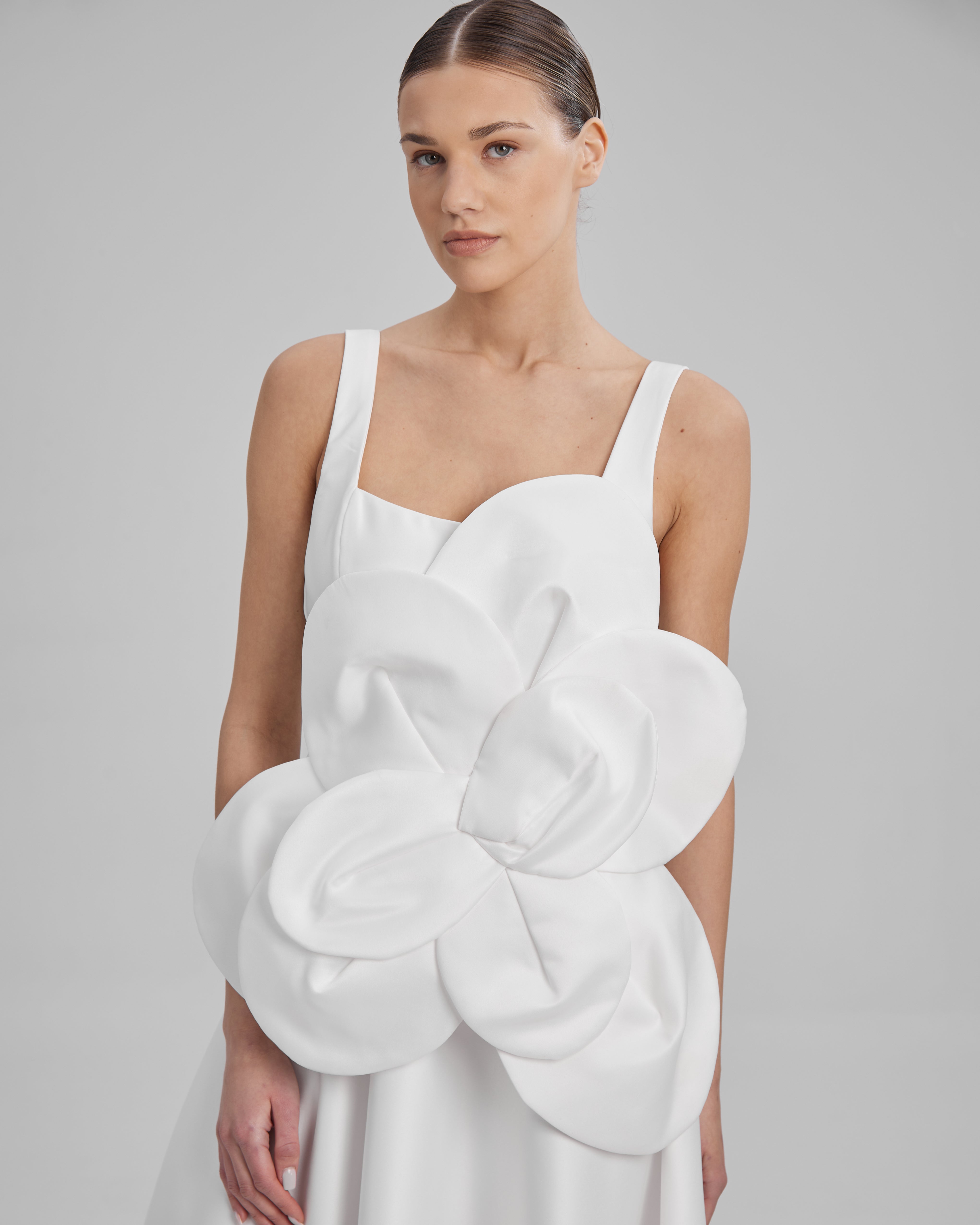 RUBY DRESS + FLOWER | square neckline A line midi in white – BAÉ
